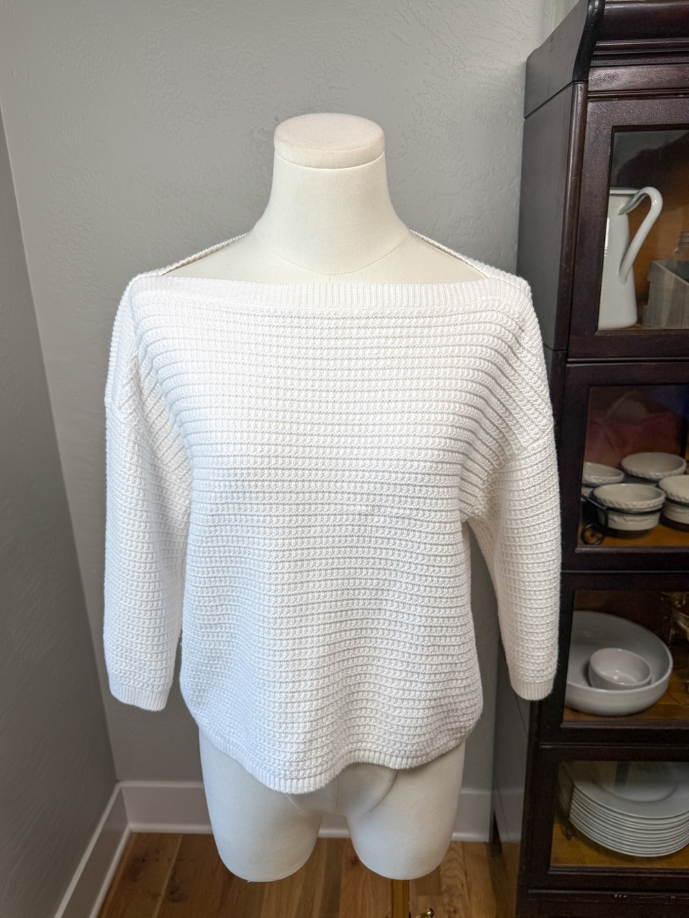Ann Taylor White 100% Cotton Textured Knit Boat Neck Sweater Size M